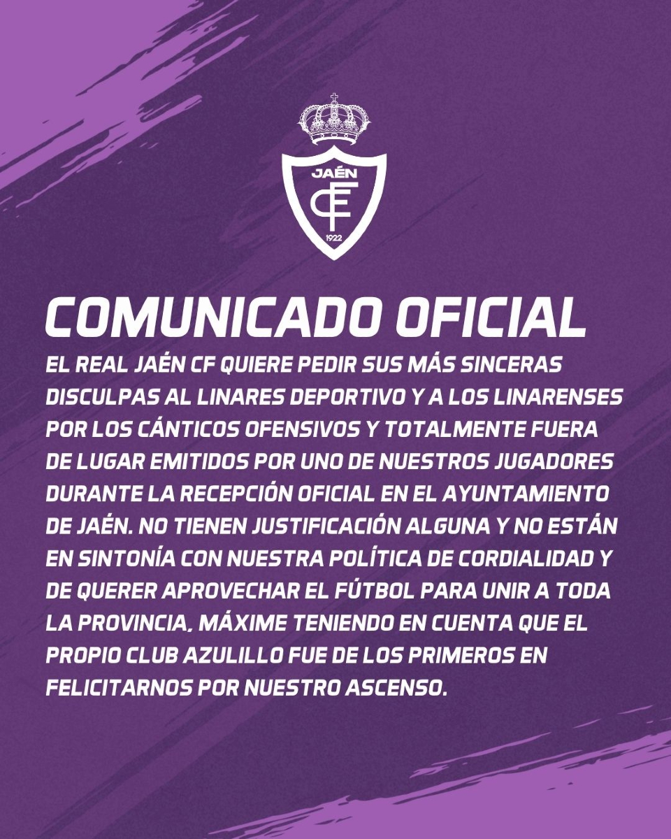 Imagen de Disculpas del Real Jaén CF al Linares Deportivo y a la Ciudad de Linares